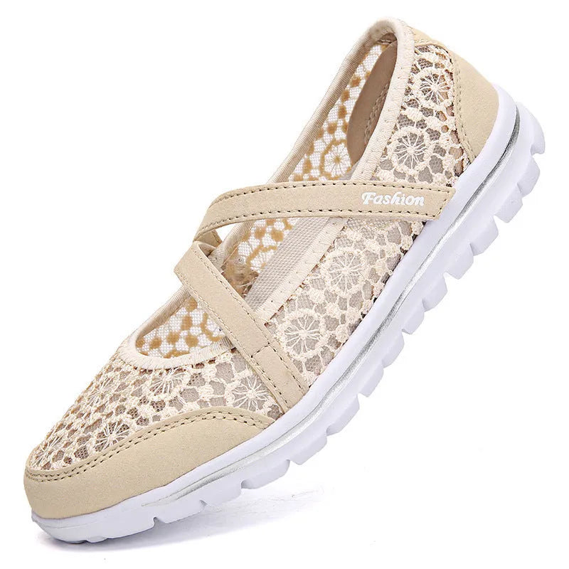 Women's breathable mesh casual lace-up shoes in beige, black, blue, light gray, and light purple colours