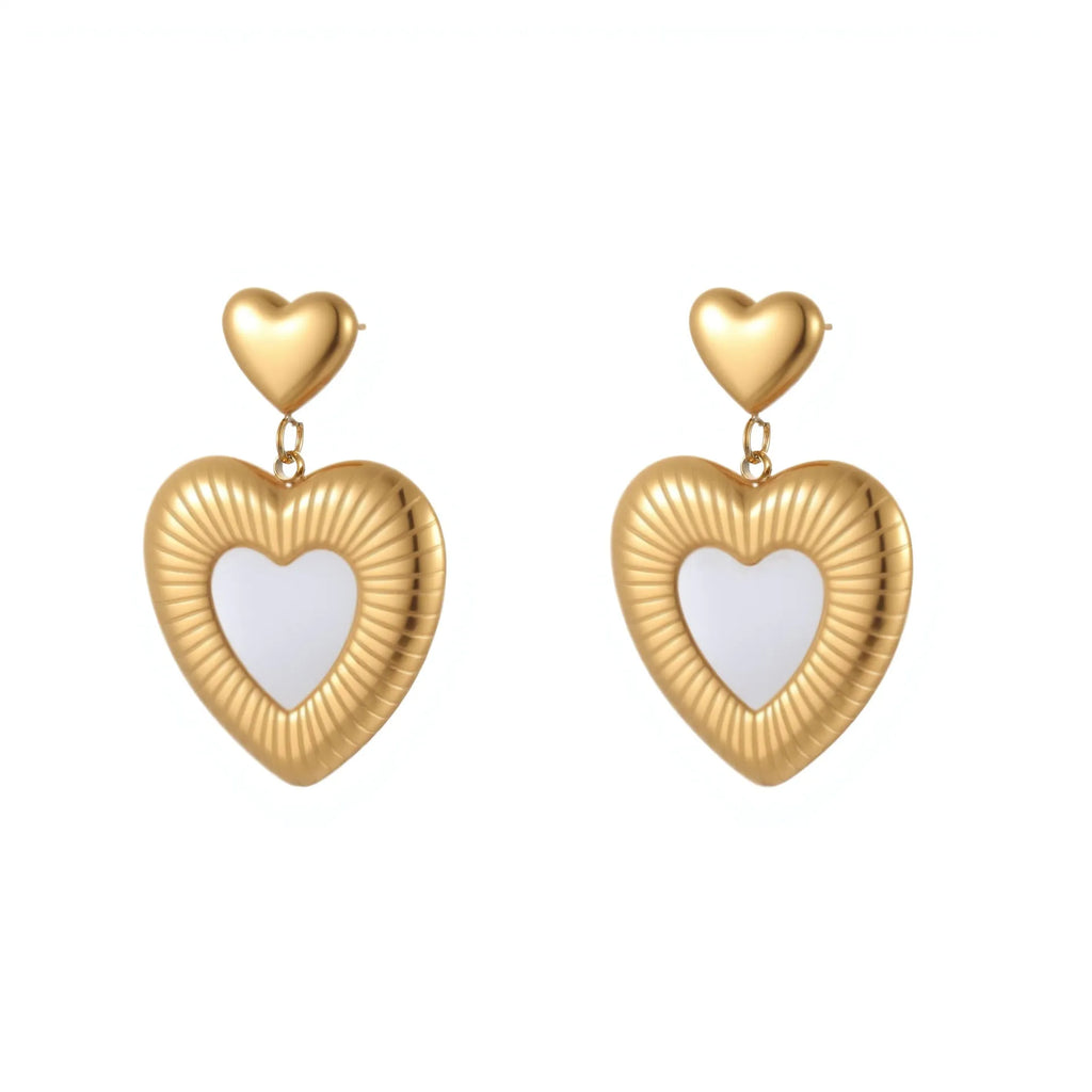 Stainless steel heart shape earrings with fritillary pattern and gold electroplating
