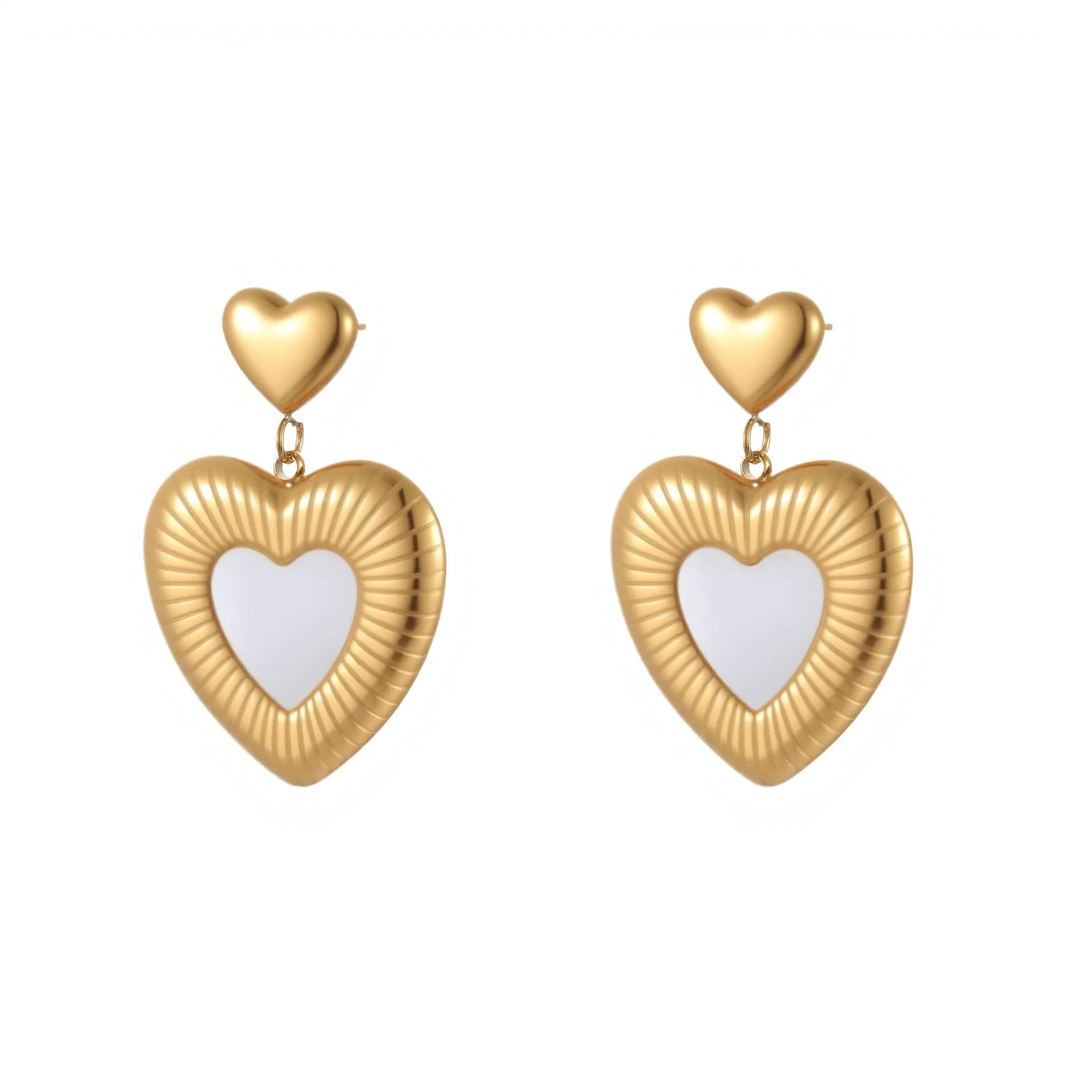 Stainless steel heart shape earrings with fritillary pattern and gold electroplating