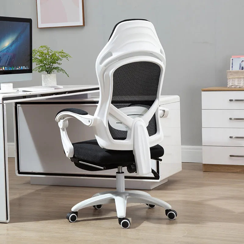 Rotating ergonomic computer gaming chair with black seat, nylon wheels, linkage armrests and footrest option