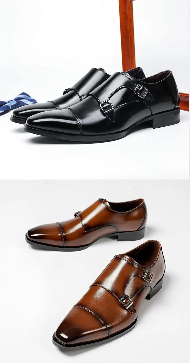 Men's black British style leather business shoes with square toe design and rubber sole