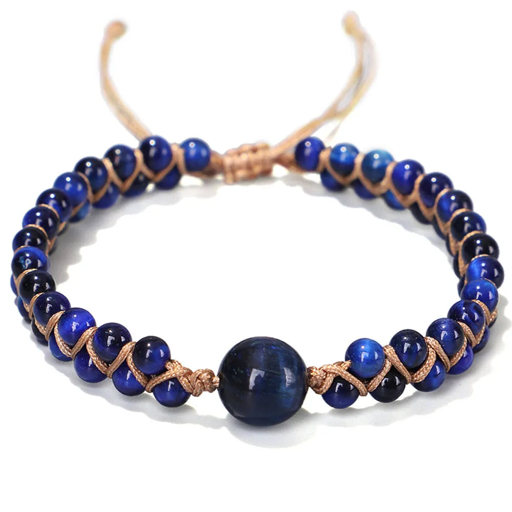 Handmade woven geometric pull bracelet with Tigereye stone beads in blue or amethyst colours