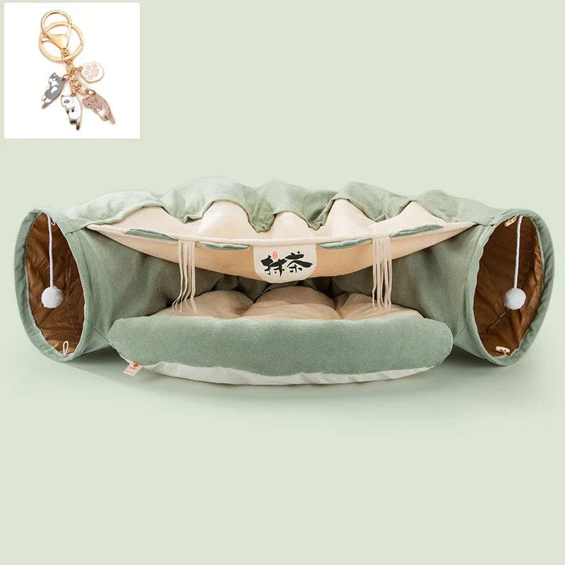 Collapsible cloth cat tunnel for play, shown in one of four colours: Bar, Coffee, Matcha, or Pink.