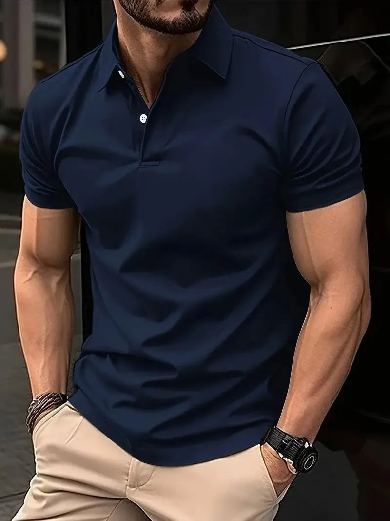 Men's slim-fit cotton-blend short-sleeve button-up shirt in solid colours on a size chart background.