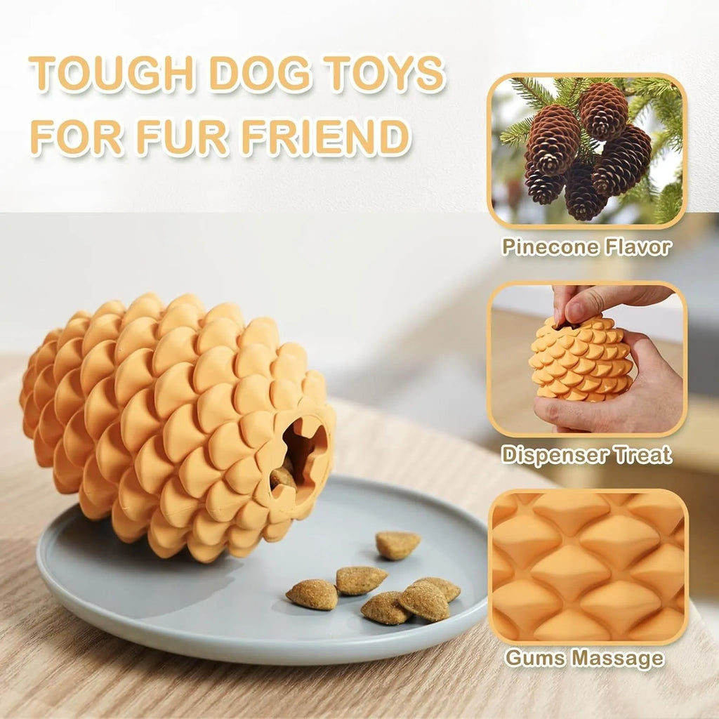 Yellow natural rubber pine cone shaped dog toy with treat dispenser hole