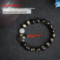 Natural obsidian stone bracelet with 10mm beads shown in gold, silver, and plain black style variations.