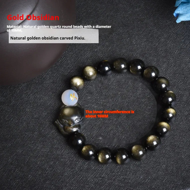 Natural obsidian stone bracelet with 10mm beads shown in gold, silver, and plain black style variations.