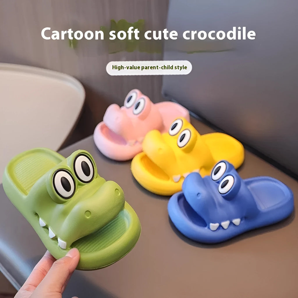 EVA platform sandals with animal pattern in pink, green, yellow, or blue colours for family outdoor use