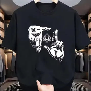 Men's mesh t-shirt with cartoon print design in multiple colour options showing round neck and short sleeves