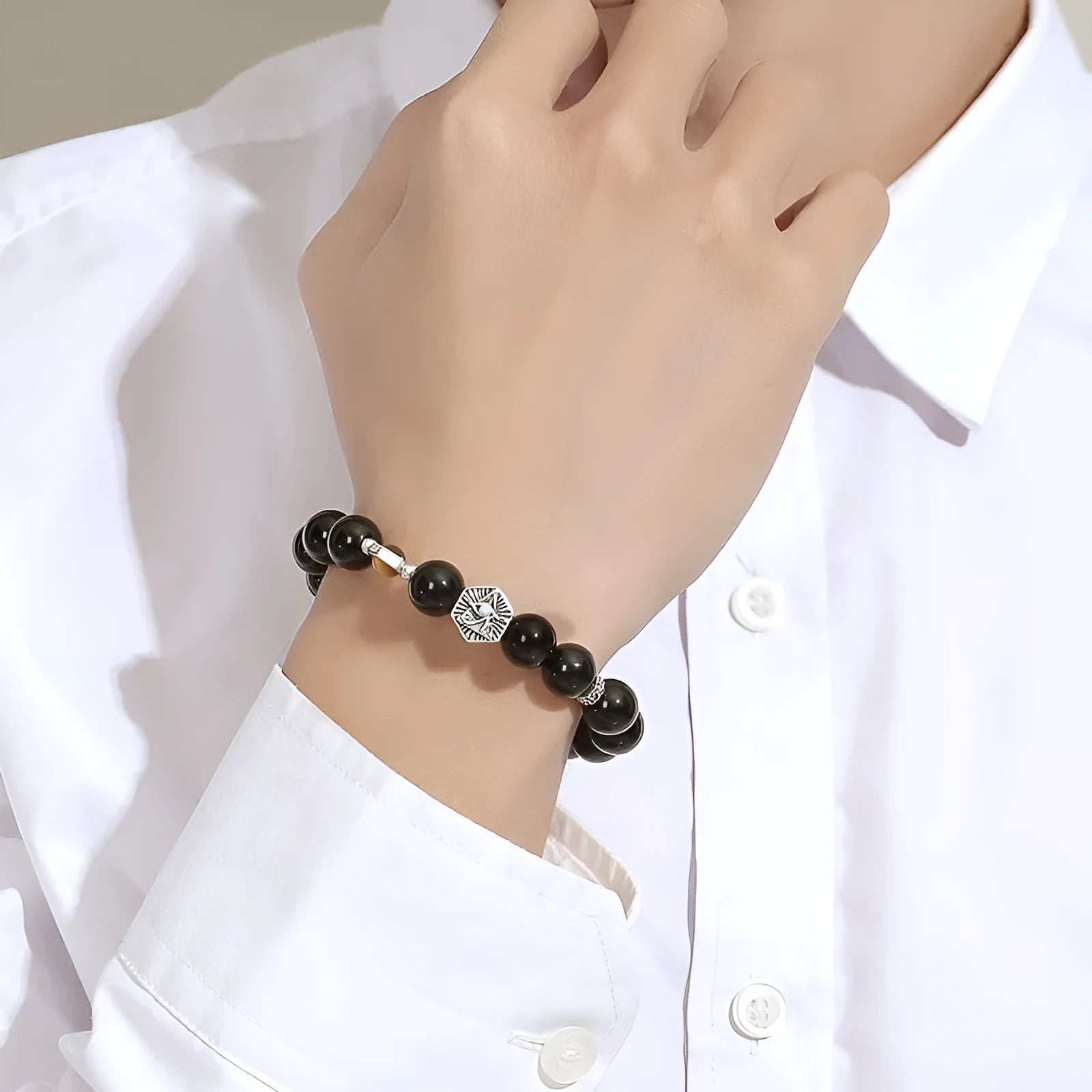 Men's retro-style 925 sterling silver bracelet with an 8mm black obsidian God's Eye charm.