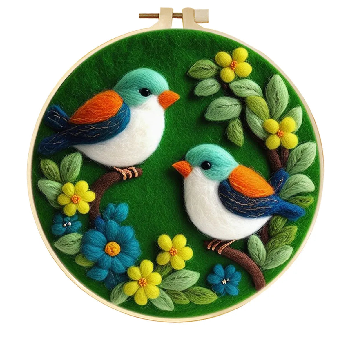 Round linen embroidery kit with wool felt pieces for 3D flowers and leaves, includes a free frame.