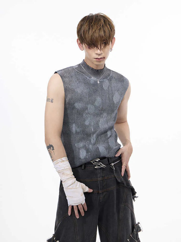 Men's black silver pastebrushing wool vest with stand collar and sleeveless pullover design