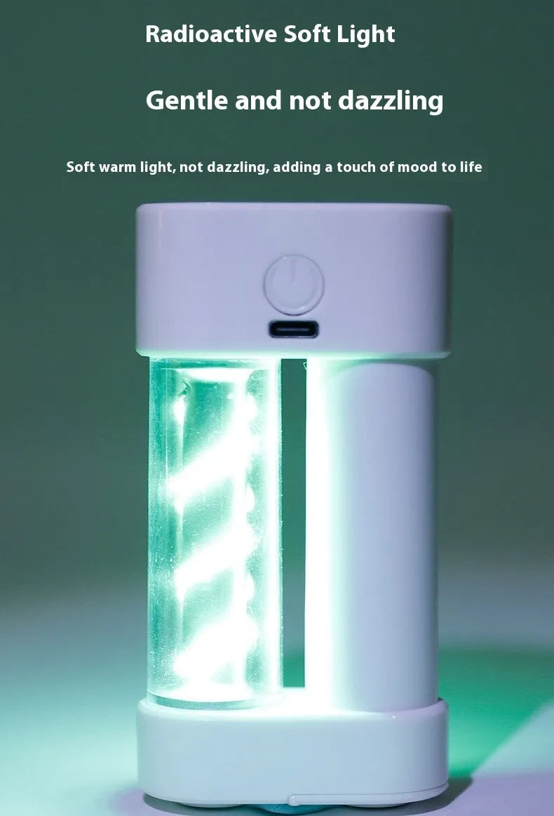 White ABS camping hanging light with USB charging port, 5W output, suspended from a tent loop
