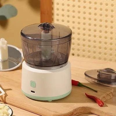 Mini USB rechargeable meat grinder with transparent bowl on anti-slip mat