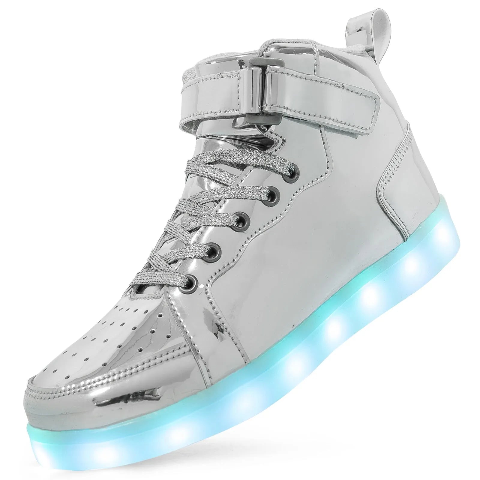 LED light-up high-top board shoes with charging port and Velcro closure in multiple colours