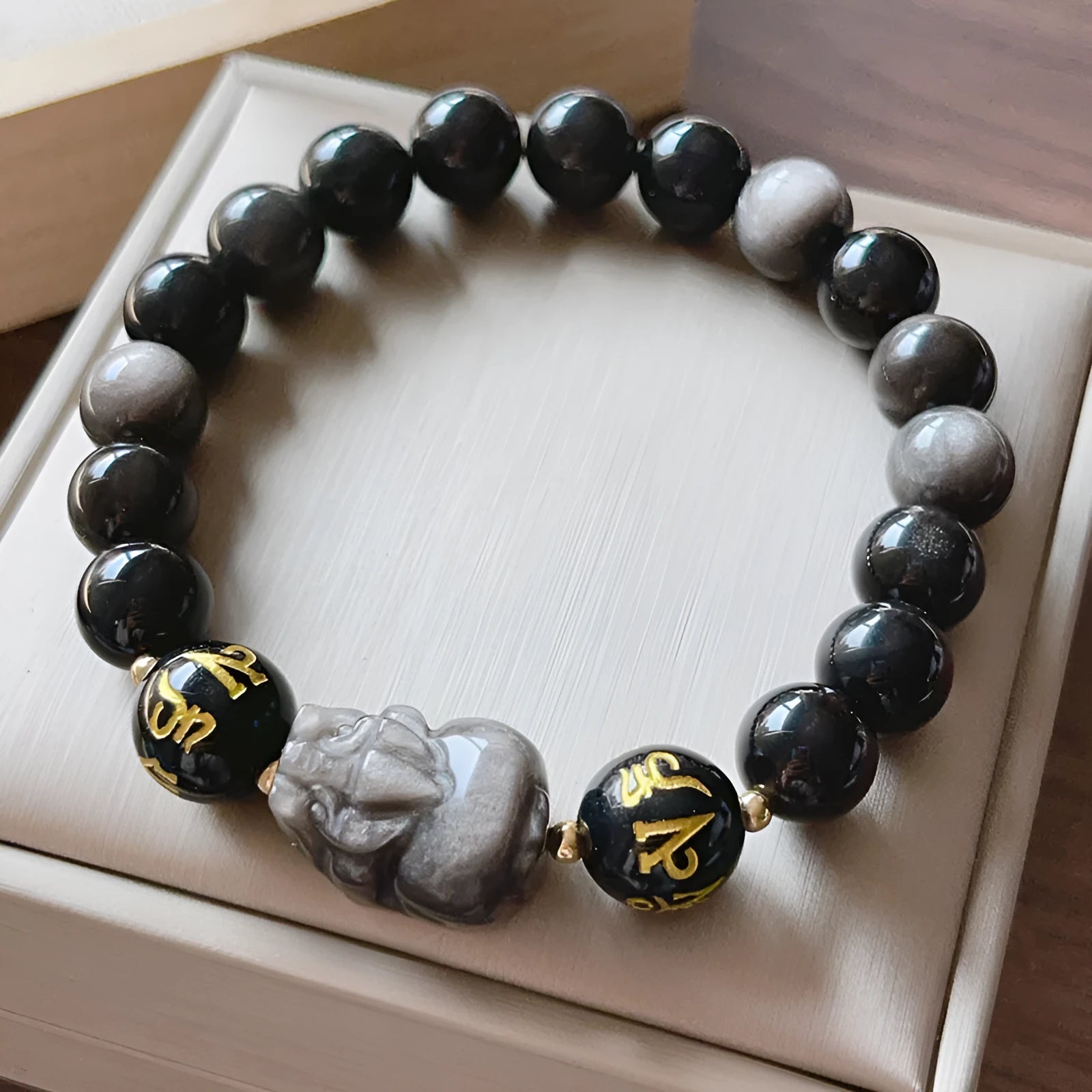 Men's silverstone bracelet with Chinese zodiac and proverb beading in 956 colour