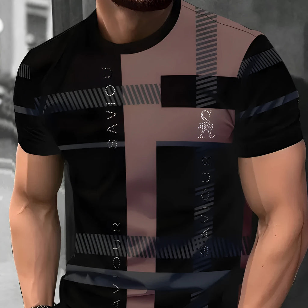 Men's loose fit short sleeve T-shirt with digital 3D printed stripe pattern in polyester fabric