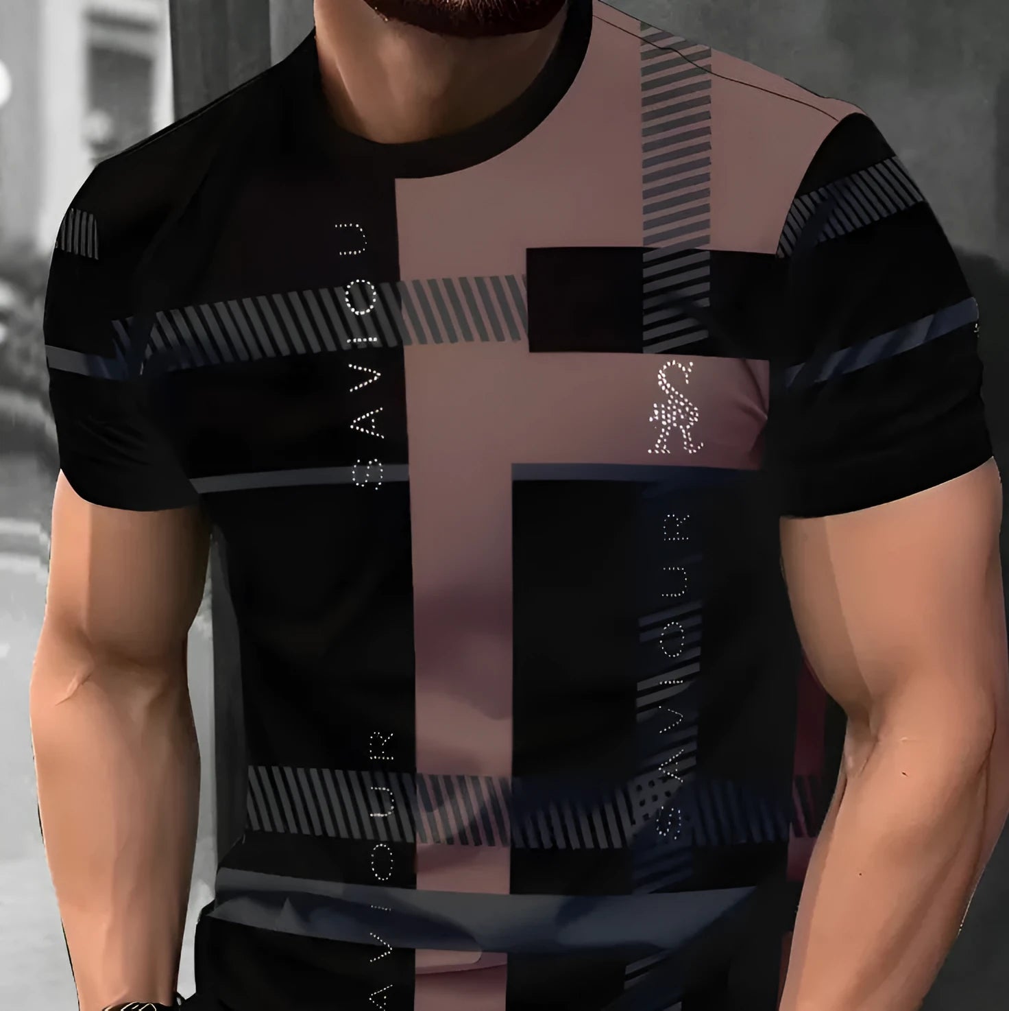 Men's loose fit short sleeve T-shirt with digital 3D printed stripe pattern in polyester fabric