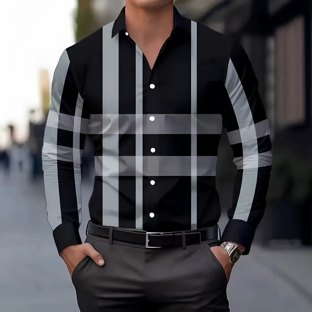 Men's black and blue striped long sleeve shirt with a button lapel collar on a hanger.