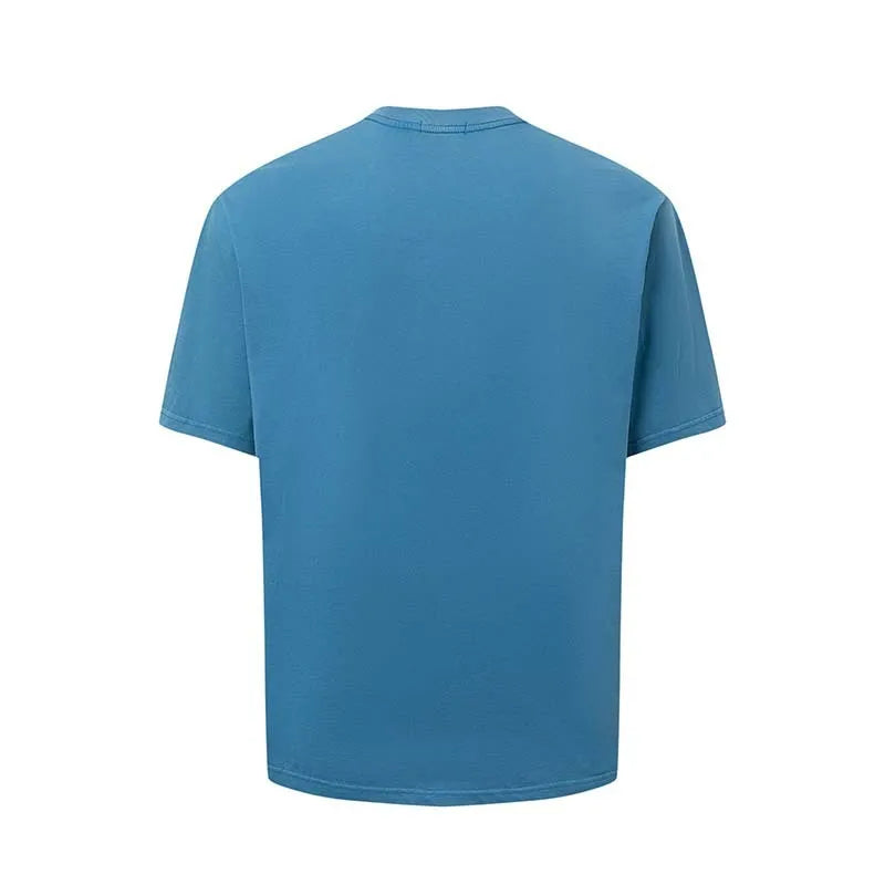Men's white American retro t-shirt with blue letter print design, loose fit round neck