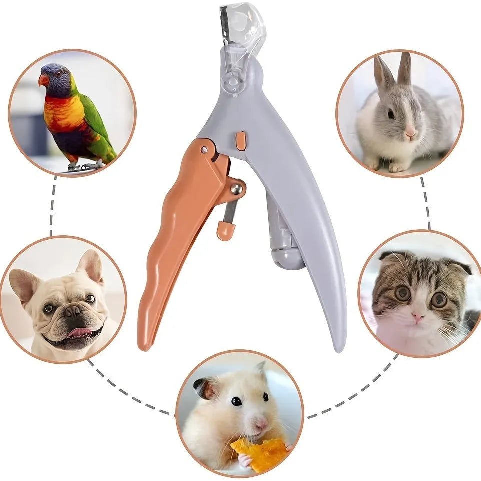 Yellow LED pet nail trimmer with magnifying glass and built-in nail catcher for cats and dogs.