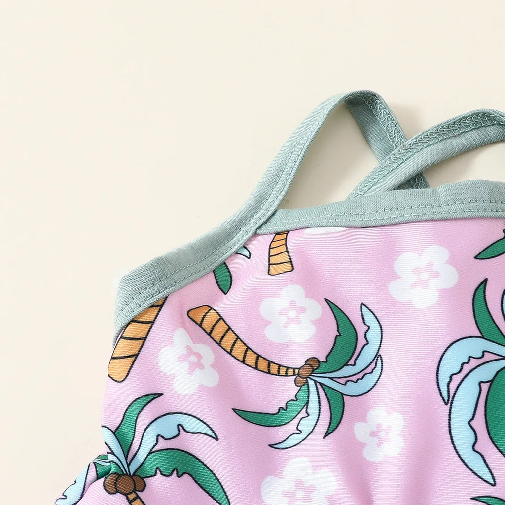 White sweet style children's two-piece swimsuit set with top and shorts on a hanger