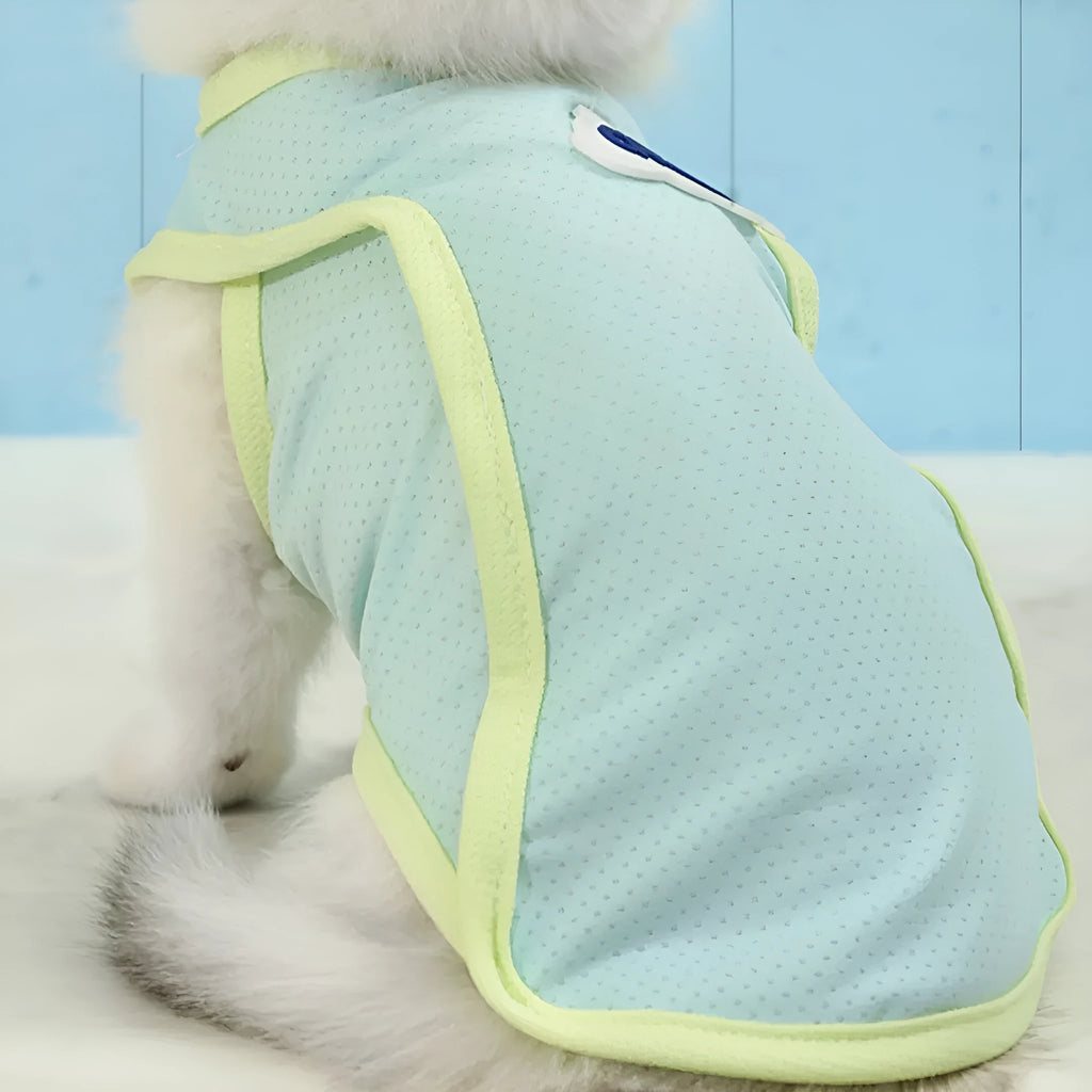Polyester cat summer vest in grass green colour showing sports-style design