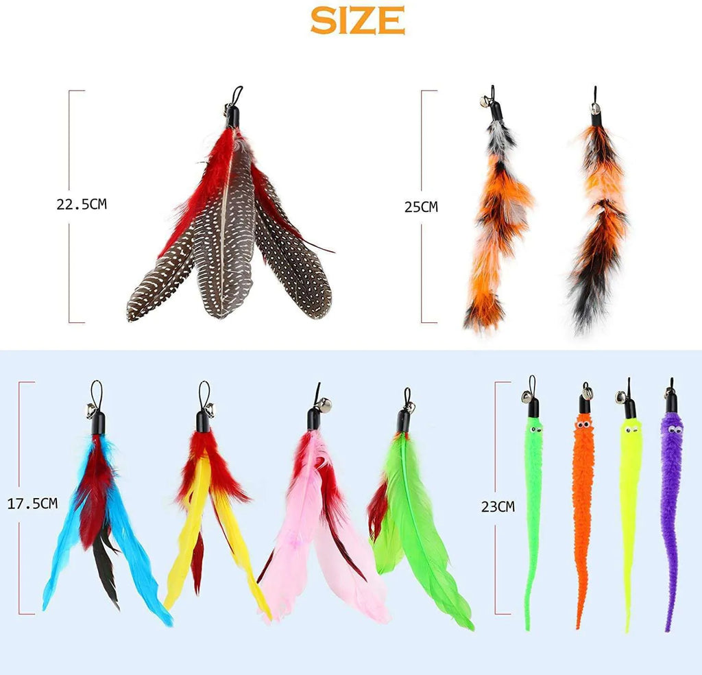 Cat teasing rod set with extendable wand and feather replacement heads