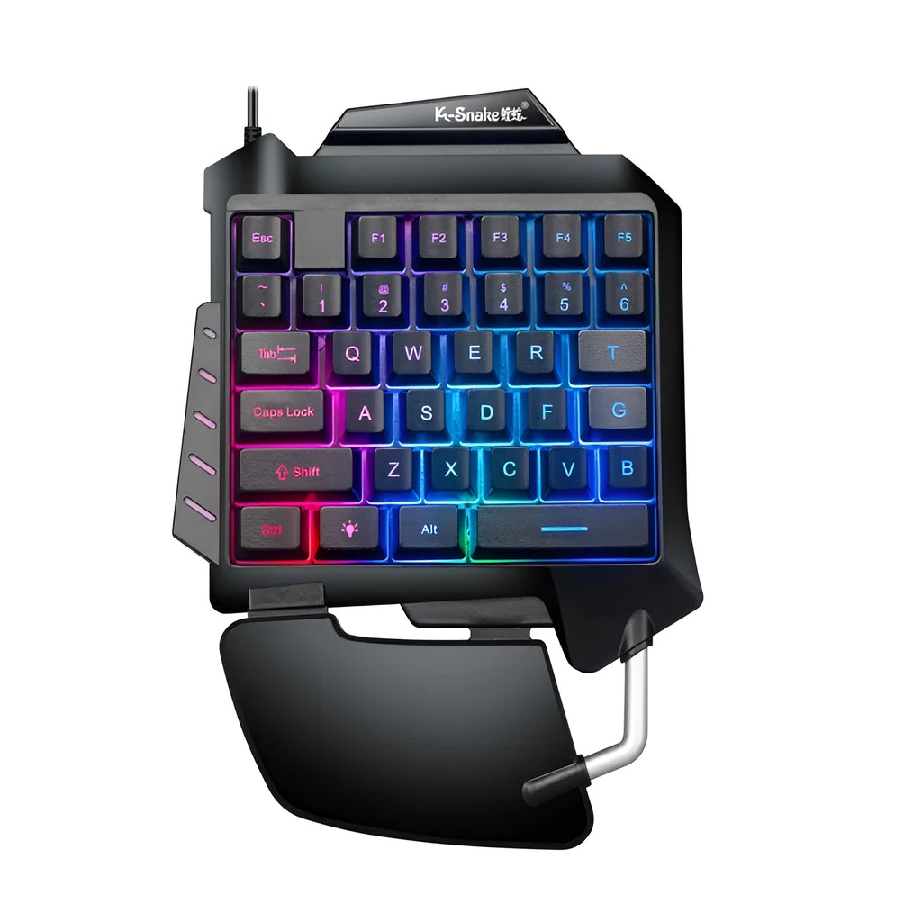 Black left-hand one-handed gaming keyboard throne converter with USB cable and integrated hand rest