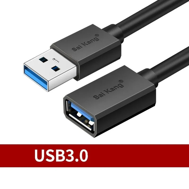 Black USB extension cable with male and female connectors showing length options from 1 to 5 metres