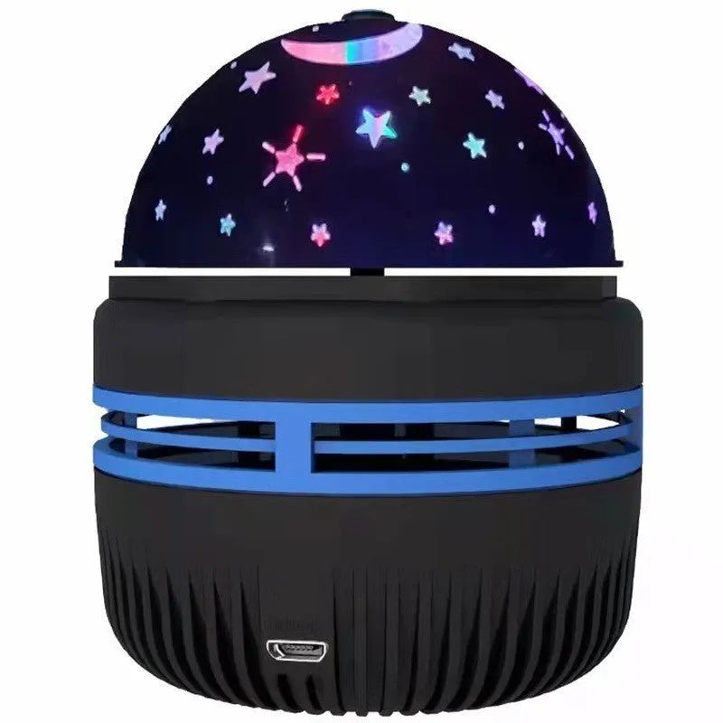 USB-powered LED galaxy projector lamp with rotating ball on a table, showing starry light projection.