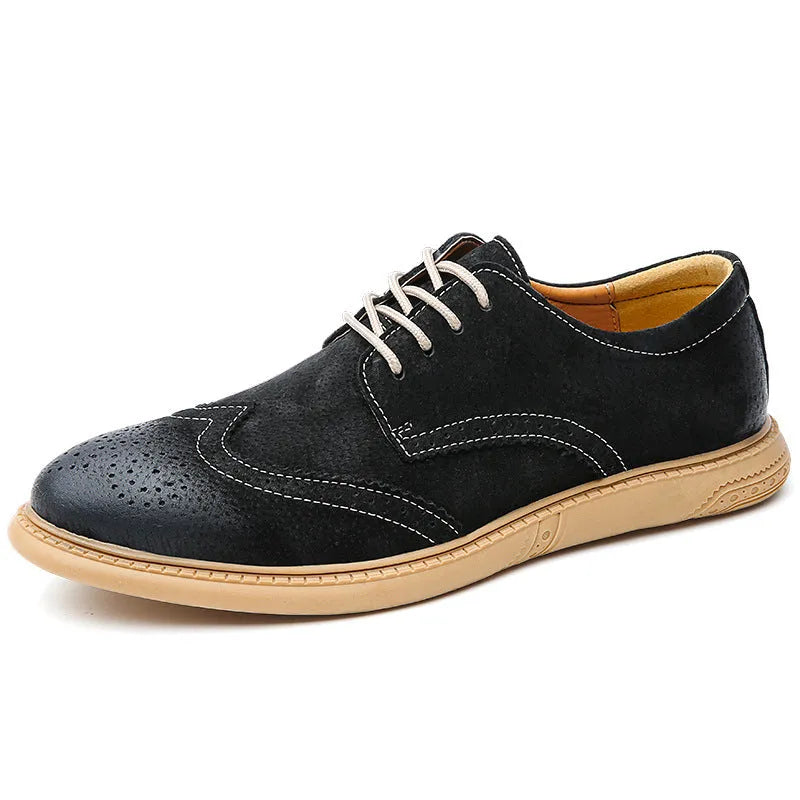 Men's grey genuine leather low-top business shoes with lace-up design and rubber soles