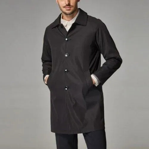 Men's mid-length loose trench coat in thin rabbit fur fabric showing casual styling