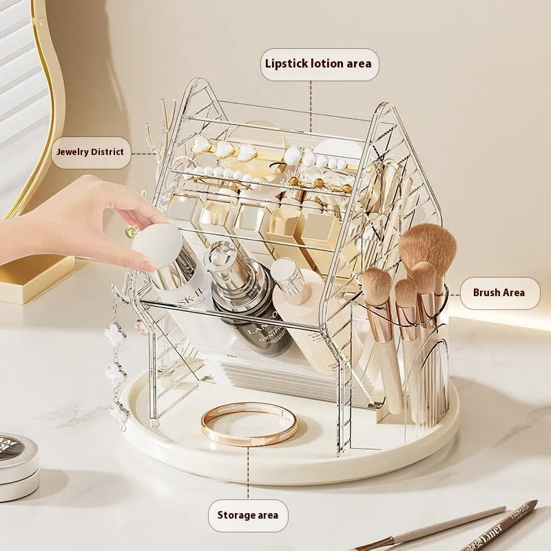 360-degree rotating cosmetics storage box in clear or amber gold plastic with light luxury style