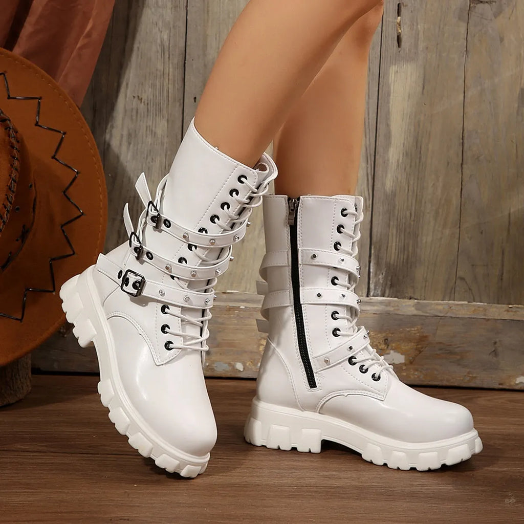 Women's black mid-calf knight boots with a metal buckle strap and side zipper.