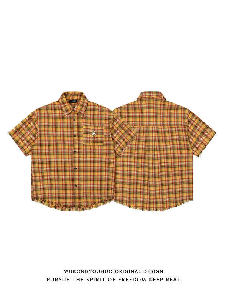 Yellow plaid short sleeve shirt with embroidered chest pocket, loose fit casual design