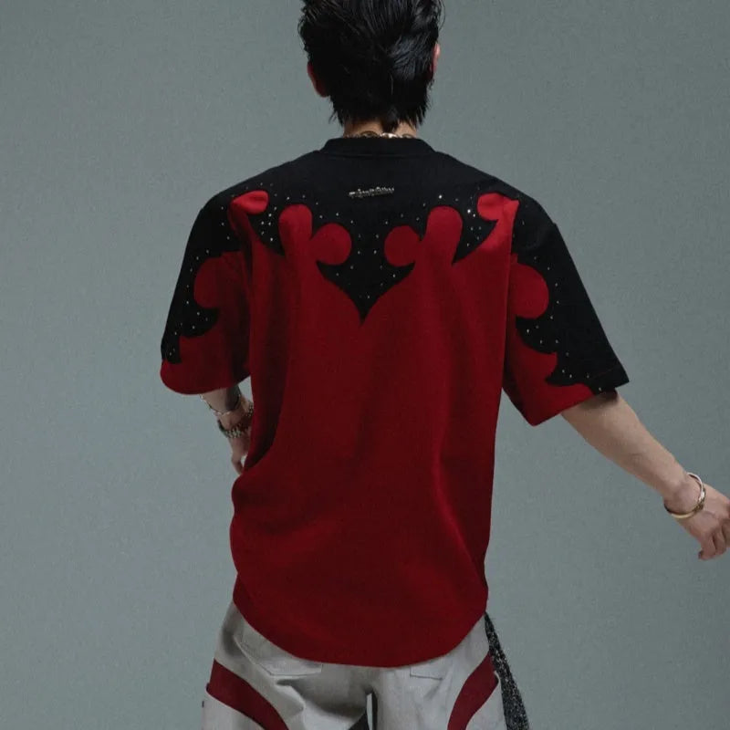 Men's grey t-shirt with 3D stitching and burnt flower rhinestone design on heavy cotton fabric