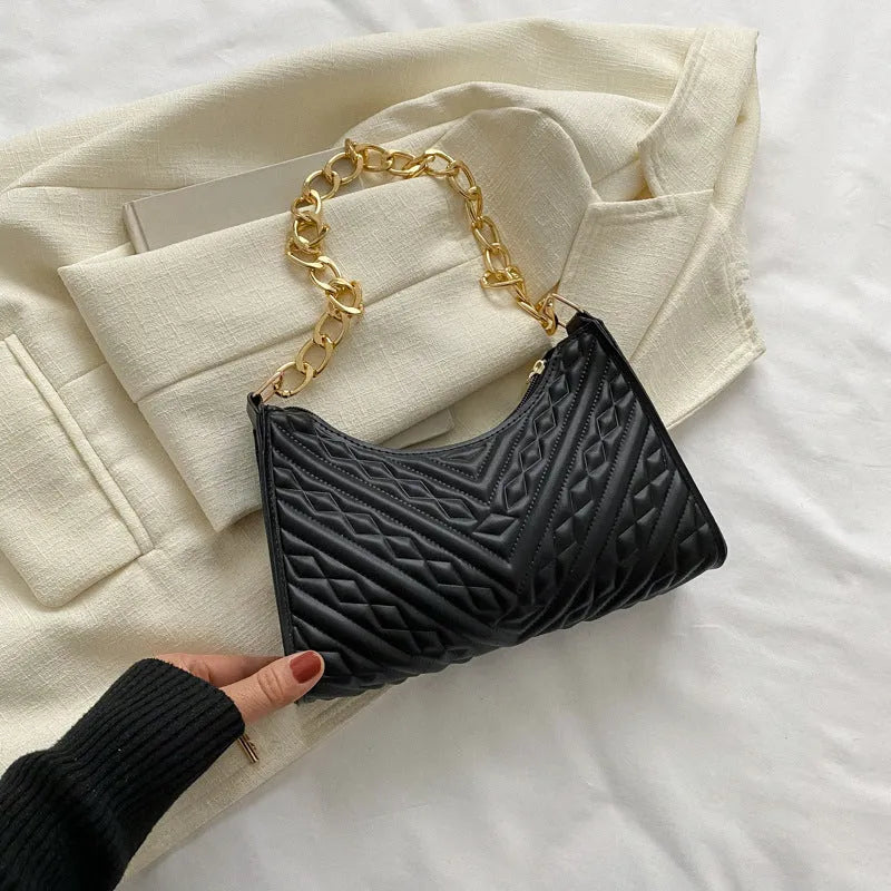 Soft PU leather pleated chain baguette shoulder bag in a vertical square shape, shown in brown colour.