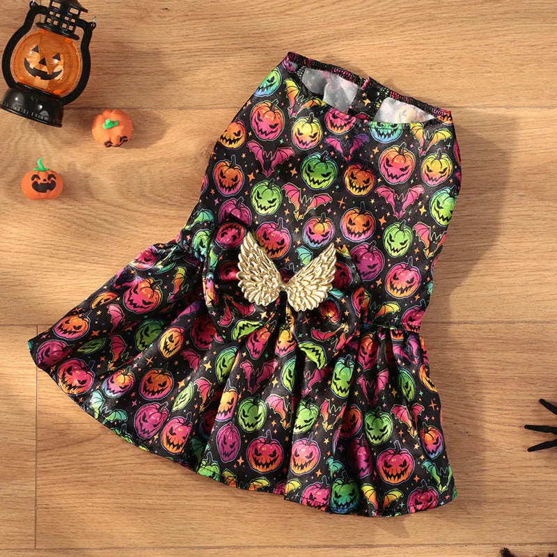 Angel wings Halloween dog costume in bright pumpkin colour, size medium on standing dog