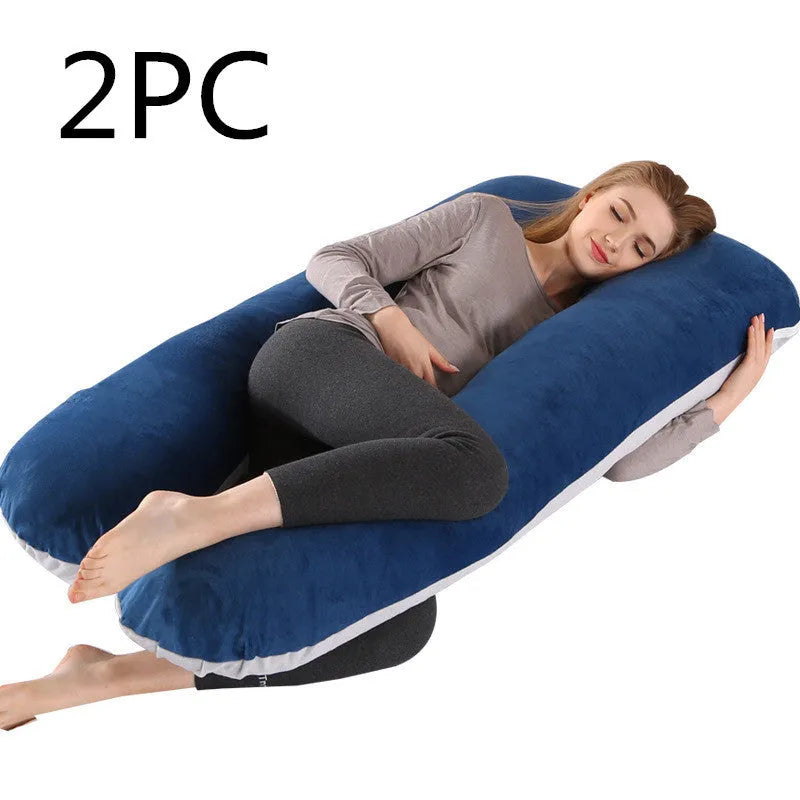 Large U-shaped pregnancy support pillow with removable cover in choice of fabrics.