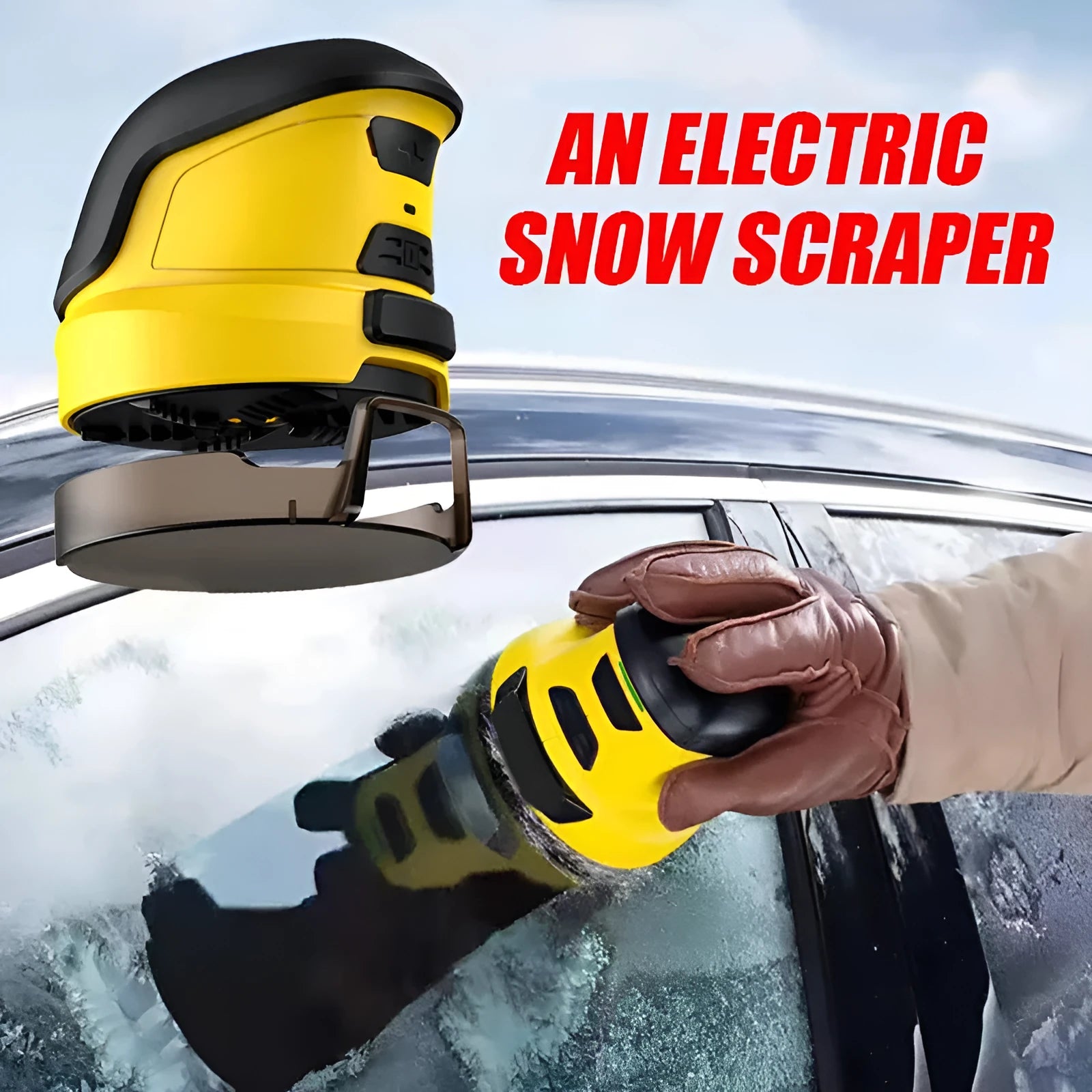 Yellow cordless electric ice scraper with rounded ABS blade for car window de-icing