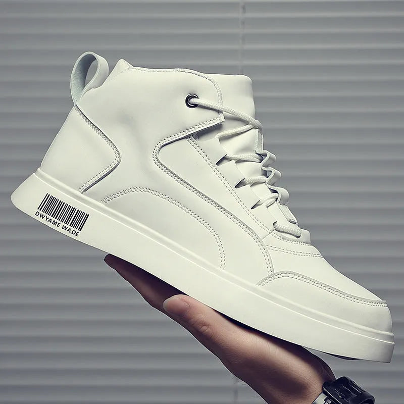 Men's white mid-top board shoes with round toe and flat rubber sole on grey background