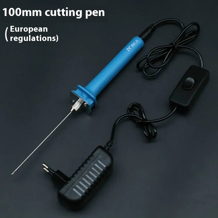 Blue electric heating cutter pen for cutting foam and polystyrene boards on a work surface