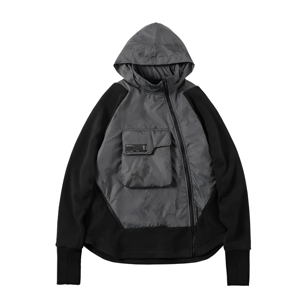 Men's black cotton fleece hooded jacket with trend stitching, loose fit
