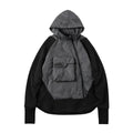 Men's black cotton fleece hooded jacket with trend stitching, loose fit