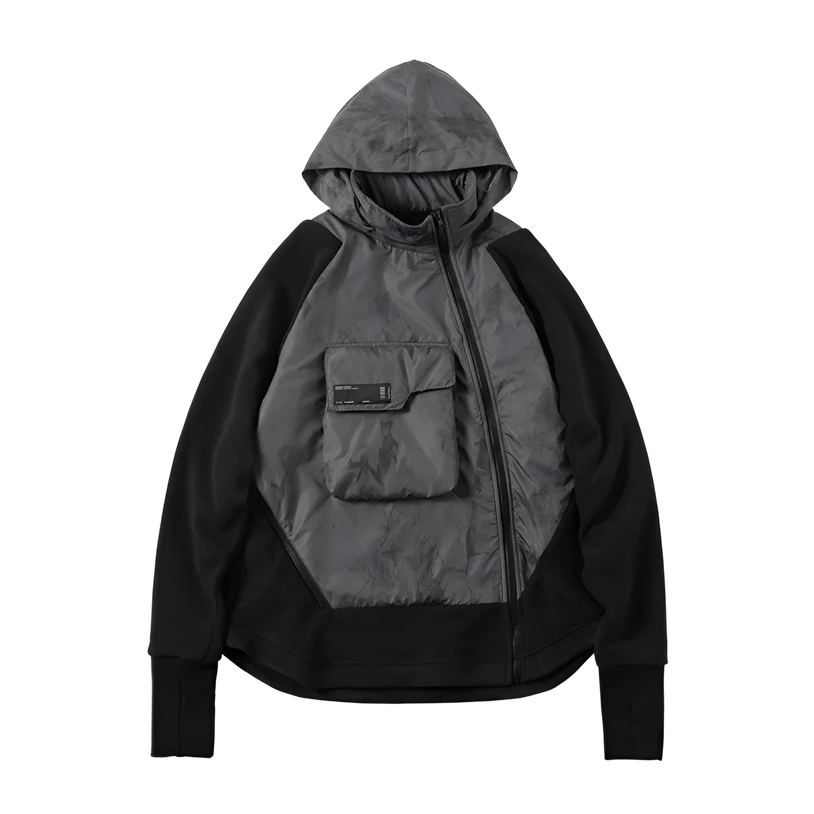 Men's black cotton fleece hooded jacket with trend stitching, loose fit