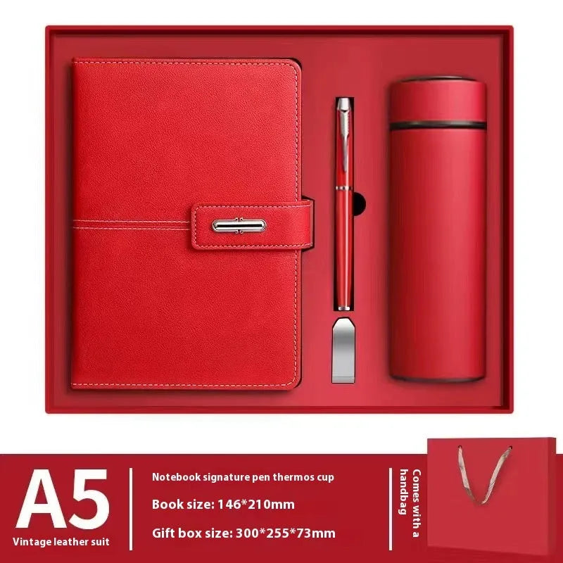 Customisable A5 notebook with PU leather cover in choice of colours, featuring wood-free paper.