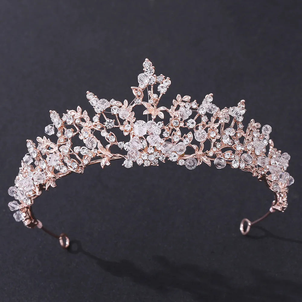 Handmade white crystal crown on alloy base in KC gold finish, 15cm by 5.6cm
