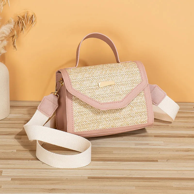Simple woven sequin decorative crossbody small square straw bag in black with flap closure