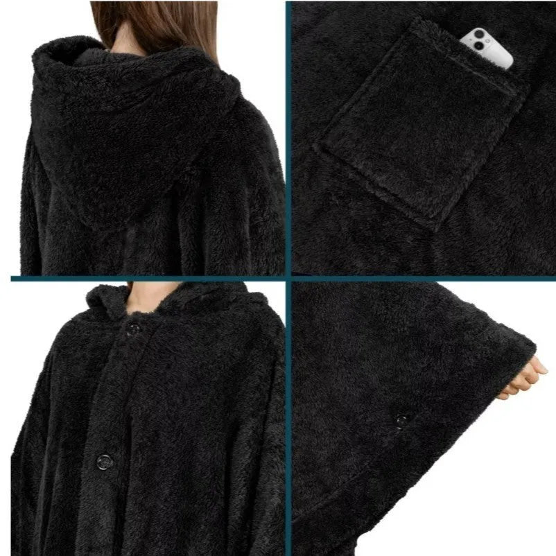 Thickened hooded bathrobe in solid colour, shown with long sleeves and cardigan front.
